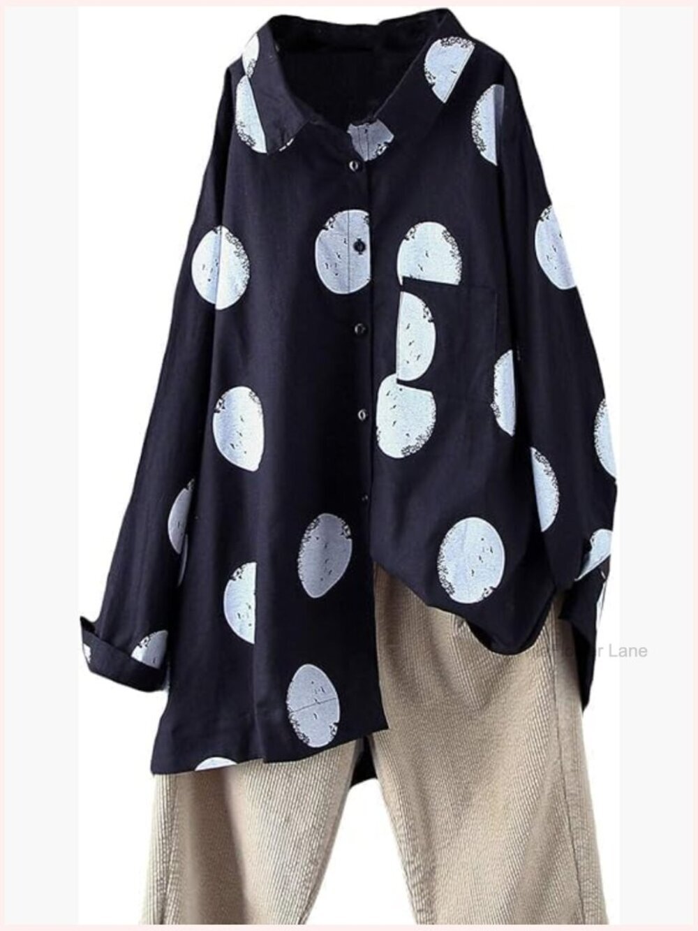Women's Polka Dot Long Sleeve Button Down Tunic Blouse Cotton